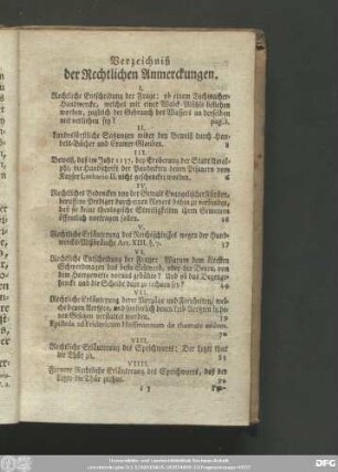 Verzeichniß der Rechtlichen Anmerckungen.
