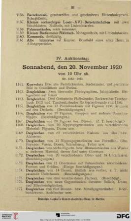 IV. Auktionstag: Sonnabend, den 20. November 1920 von 10 Uhr ab (Nr. 1162-1463)