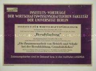 Maueranschlag mit Vortragsankündigungen zur Berufsbildung an der Wirtschaftswissenschaftlichen Fakultät der Berliner Universität