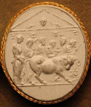 Fünf Personen, einen Stier zur Opferung führend (Daktyliothek, Das Alterthum nach Lippert und Visconti)