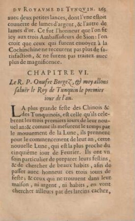 Chapitre VI. Le R. P. Onufre Borgez, & moy allons saluer le Roy de Tunquin le premier jour de l'an