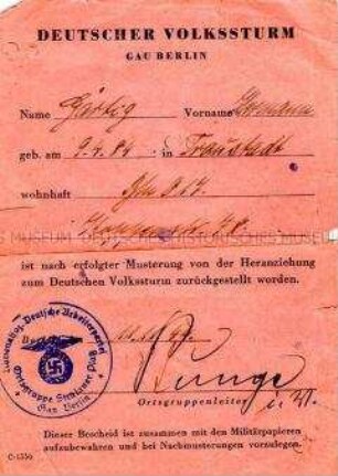 Bescheinigung über die Zurückstellung von der Heranziehung zum Volkssturms