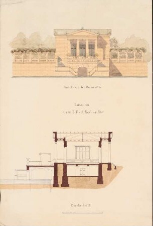 Billardsaal am See Monatskonkurrenz Dezember 1873: Ansicht Wasserseite, Schnitt