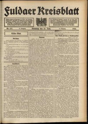 Erste Ausgabe vom Dienstag, den 18. Juni 1912.