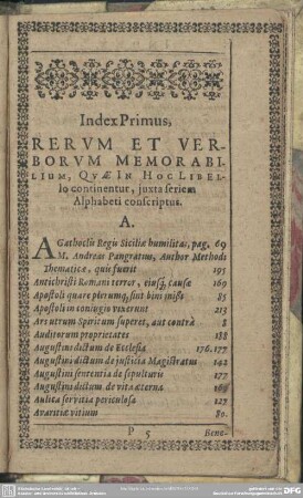 Index Primus. Rerum Et Verborum Memorabilium, Quae In Hoc Libello continentur, iuxta seriem Alphabeti conscriptus