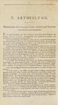 X. Abtheilung. Verzeichniss der vorzüglichsten, besten und bequemsten Garteninstrumente
