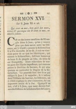 Sermon XVI. sur S. Jean XI. v. 26.