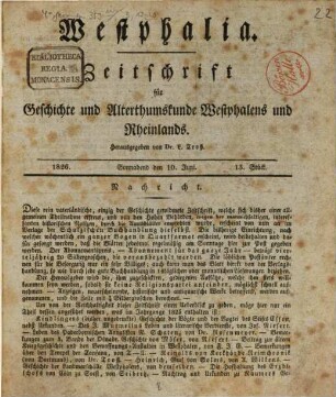 Westphalia : Zeitschrift für Geschichte und Alterthumskunde Westphalens und Rheinlands. 3. 1826, St. 13 - 29