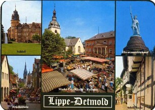 Postkarte: Lippe-Detmold. Schloß, Bruchstraße, Markt - Erl.Kirche - Rathaus, Hermannsdenkmal, Adolfstraße