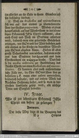 IV. Frage. Wie ist zur lebendigen Erkentniß Jesu Christi am besten zu gelangen?