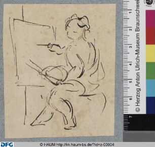 Putto an einer Staffelei sitzend mit Palette und Pinsel