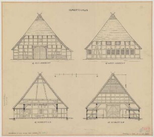 Hille (Kreis Minden): Hof Dreierskrug. Haupthaus (Ostansicht, Westansicht, Schnitte)