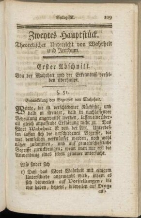 Zweytes Hauptstück. Theoretischer Unterricht von Wahrheit und Irrthum