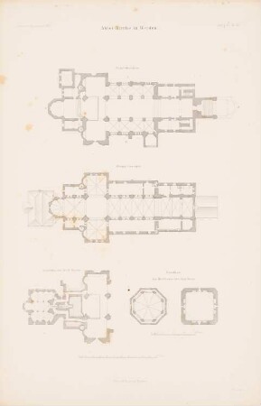 Abteikirche, Essen-Werden: Grundriss EG, 1.OG, Krypta, Turm (aus: Atlas zur Zeitschrift für Bauwesen, hrsg. v. G. Erbkam, Jg. 7, 1857)