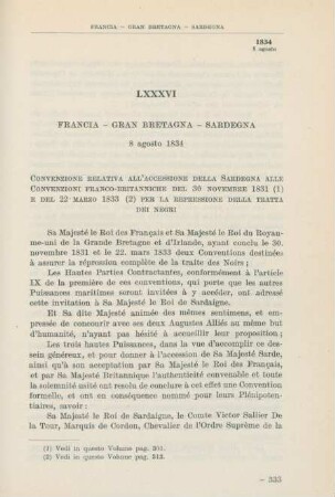 LXXXVI Francia - Gran Bretagna - Sardegna 8 agosto 1834