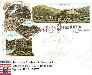 Jugenheim an der Bergstraße, Panorama und Einzelansichten / Alexander-Bad; Felsenmeer und Schloss Heiligenberg