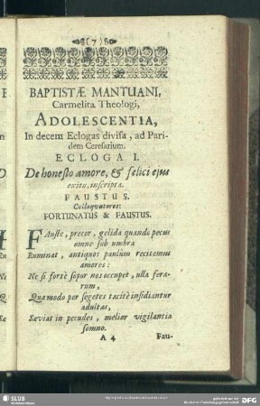 Ecloga I. De honesto amore, & felici eius exitu inscripta