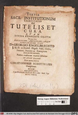 Tertia Sacr. Institutionum Exercitatio De Tutelis Et Cura