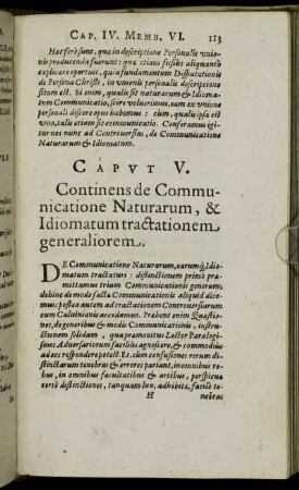 Caput V. Continens de Communicatione Naturarum, & Idiomatum tractationem generaliorem.