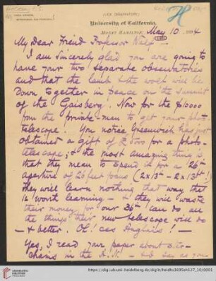 Brief von Edward Singleton Holden an Max Wolf: Brief von Edward Singleton Holden von Lick Observatory an Max Wolf