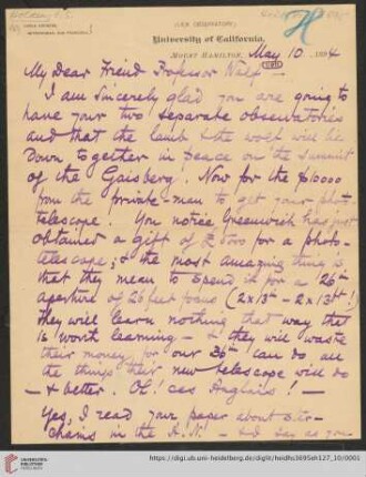 Brief von Edward Singleton Holden an Max Wolf: Brief von Edward Singleton Holden von Lick Observatory an Max Wolf