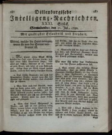 XXXI. Stück. Sonnabends: den 31. Jul., 1790.