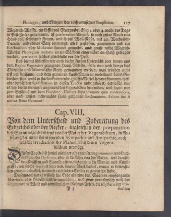 Cap. VIII. Von dem Unterscheid und Zubereitung des Erdreichs oder der Aecker, ingleichen der praeparation des Saamens ...