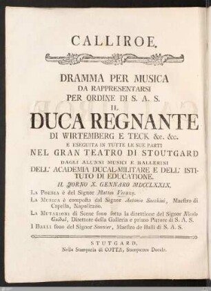 Untertitel: Dramma Per Musica da Rappresentarsi Per Ordine Di S. A. S. Il Duca Regnante Di Wirtemberg E Teck...