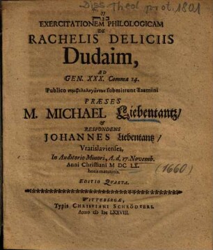 Exercitationem Philologicam De Rachelis Deliciis Dudaim, Ad Gen. XXX. Comma 14.