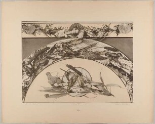 64. Feston, Borte und Vignette aus Muscheln, Krebsen, Farren, Schilfkolben mit Rohrdrossel
