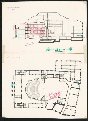 Stadttheater, Danzig: Grundriss und Längsschnitt