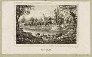 Ortsansicht von Benndorf (Frohburg-Benndorf) an der Wyhra nordwestlich von Frohburg mit Kirche, Brücke und in den Fluss getriebener Kuhherde, aus Sachsens Kirchen-Galerie von Hermann Schmidt, Bd. 6, 1841