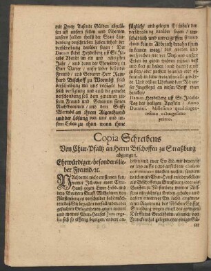 Copia-Schreibens Von Chur-Pfaltz an Herrn Bischoffen zu Straßburg abgangen