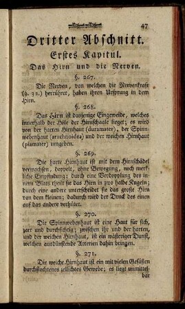 Dritter Abschnitt. Erstes Kapitul. Das Hirn und die Nerven. - Viertes Kapitul. Die natürlichen und willkührlichen Bewegungen.