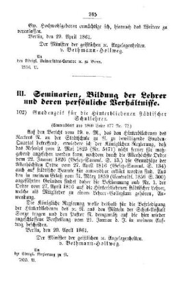 Gnadenzeit für die Hinterbliebenen städtischer Schullehrer : [III. Seminarien, Bildung der Lehrer und deren persönliche Verhältnisse]