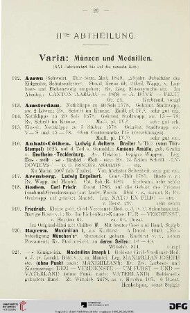 IIte Abtheilung: Varia: Münzen und Medaillen (Nr. 912-1285)