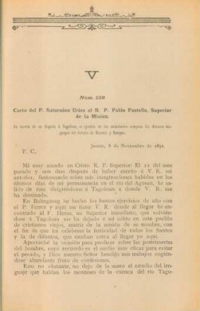 Núm. 132. Carta del P. Saturnino Úrios al R. P. Pablo Pastells, Superior de la Misión