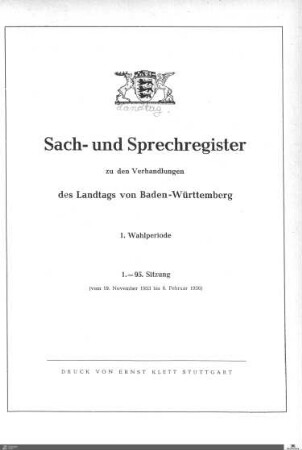 1: Landtag Baden-Württemberg, Sach- und Sprechregister, 1953-1956