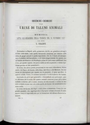 Ricerche Chimiche Sulle Urine Di Taluni Animali