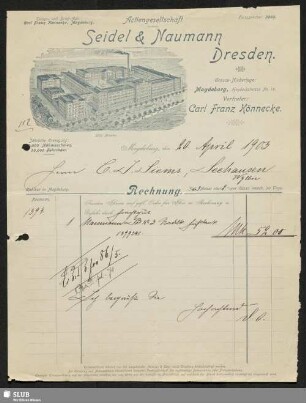 Actiengesellschaft, vormals Seidel & Naumann Dresden, Grosso-Niederlage Magdeburg, Vertreter: Carl Franz Könnecke : Rechnung