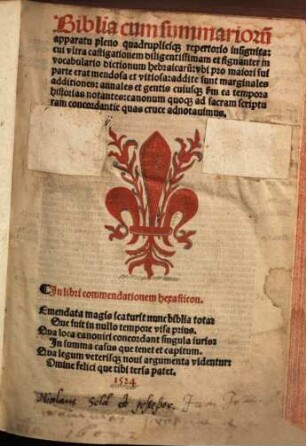 Biblia cum summarioru[m] apparatu pleno quadrupliciq[ue] repertorio insignita ...