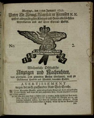 No. 2. Montags, den 10ten Januarii 1752.