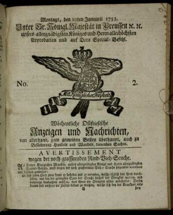 No. 2. Montags, den 10ten Januarii 1752.