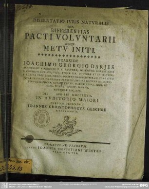 Dissertatio Iuris Naturalis Qua Differentias Pacti Voluntarii Atque Metu Initi