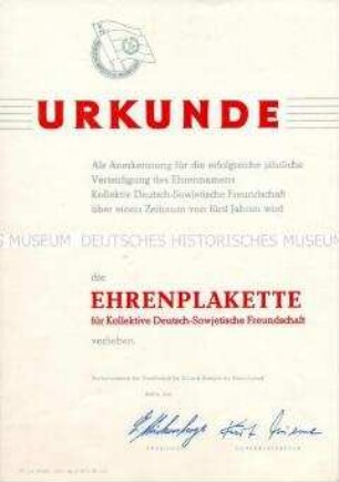 Urkunde zur Verleihung der Ehrenplakette für Kollektive Deutsch-Sowjetische Freundschaft (blanko)