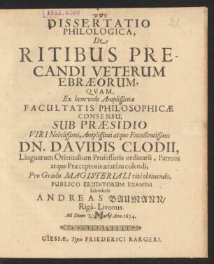 Dissertatio Philologica, De Ritibus Precandi Veterum Ebraeorum
