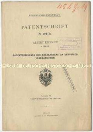 Patentschrift eines Bodenverschlusses des Saatkastens an Kartoffellegemaschinen, Patent-Nr. 10172