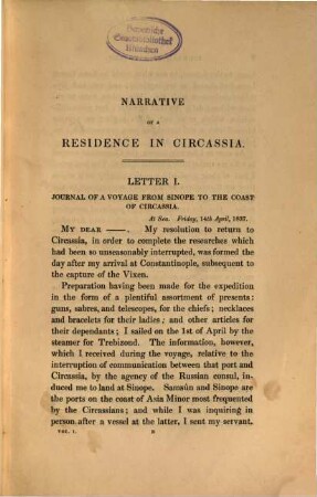 Journal of a Residence in Circassia : during the Years 1837, 1838 and 1839 ; in 2 Volumes. 1