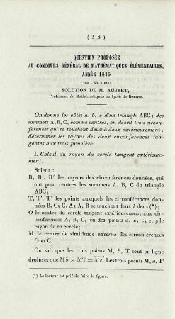 Question proposée au concours général de mathématiques élémentaires année 1875.