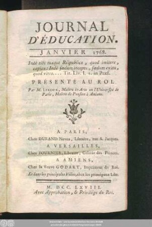 1768: Journal d'éducation : avec approbation et privilége du roi